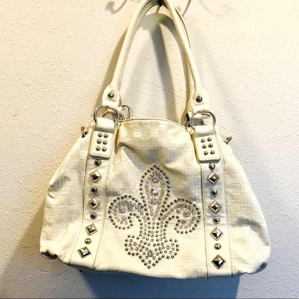 Fleur studded rhinestone design off white purse!